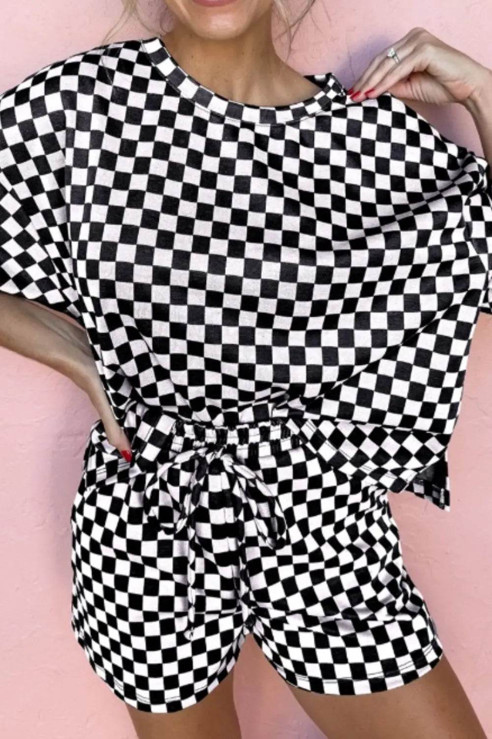 Checkered Round Neck Top and Shorts Set - Velveta Studio