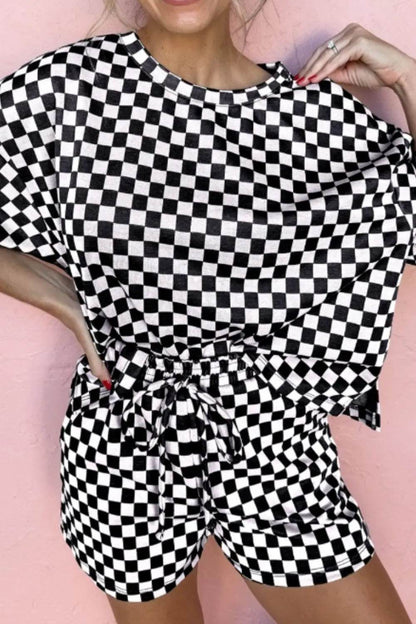 Checkered Round Neck Top and Shorts Set - Velveta Studio