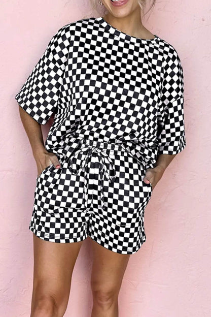 Checkered Round Neck Top and Shorts Set - Velveta Studio