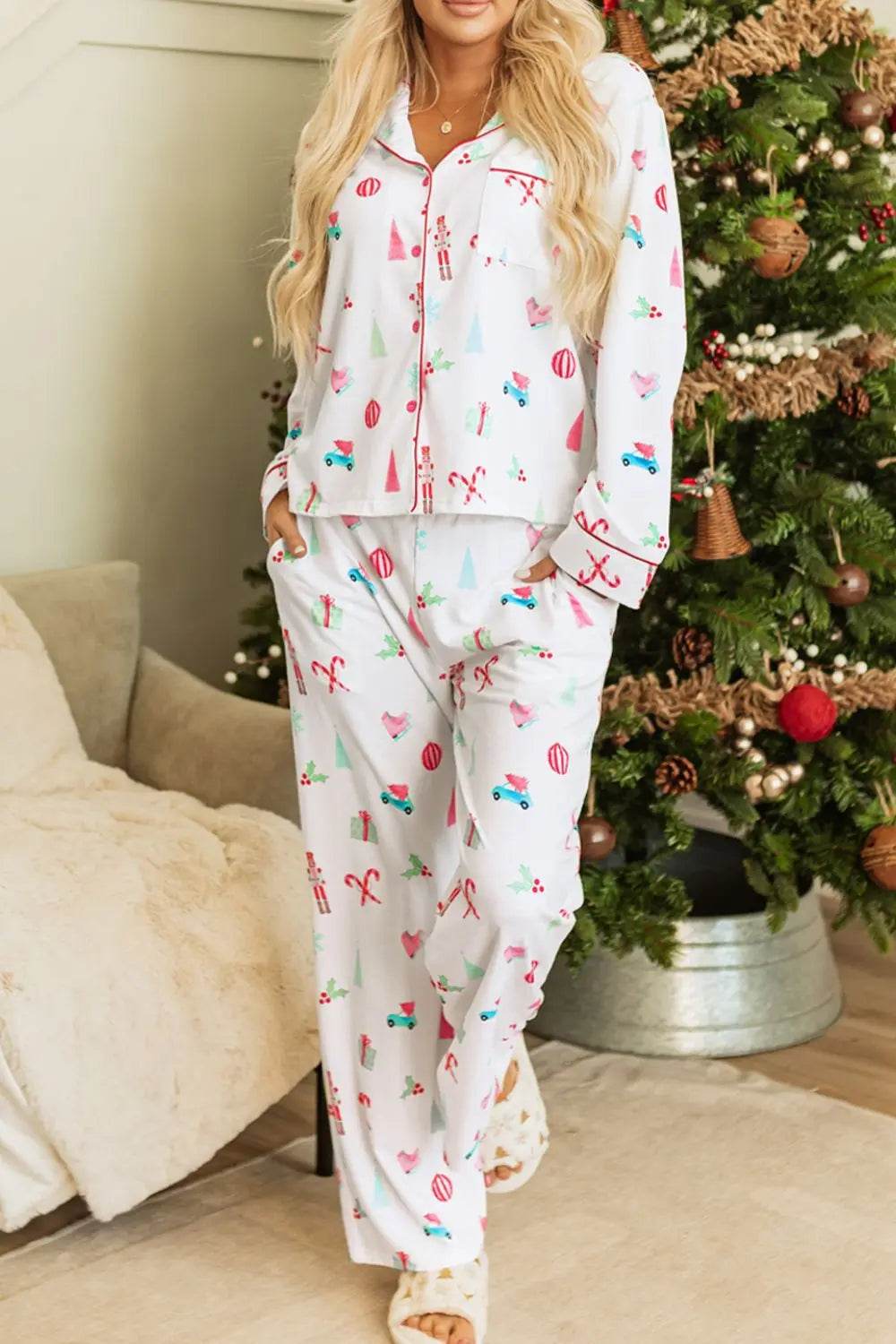 Christmas Printed Collared Neck Top and Pants Lounge Set - Velveta Studio