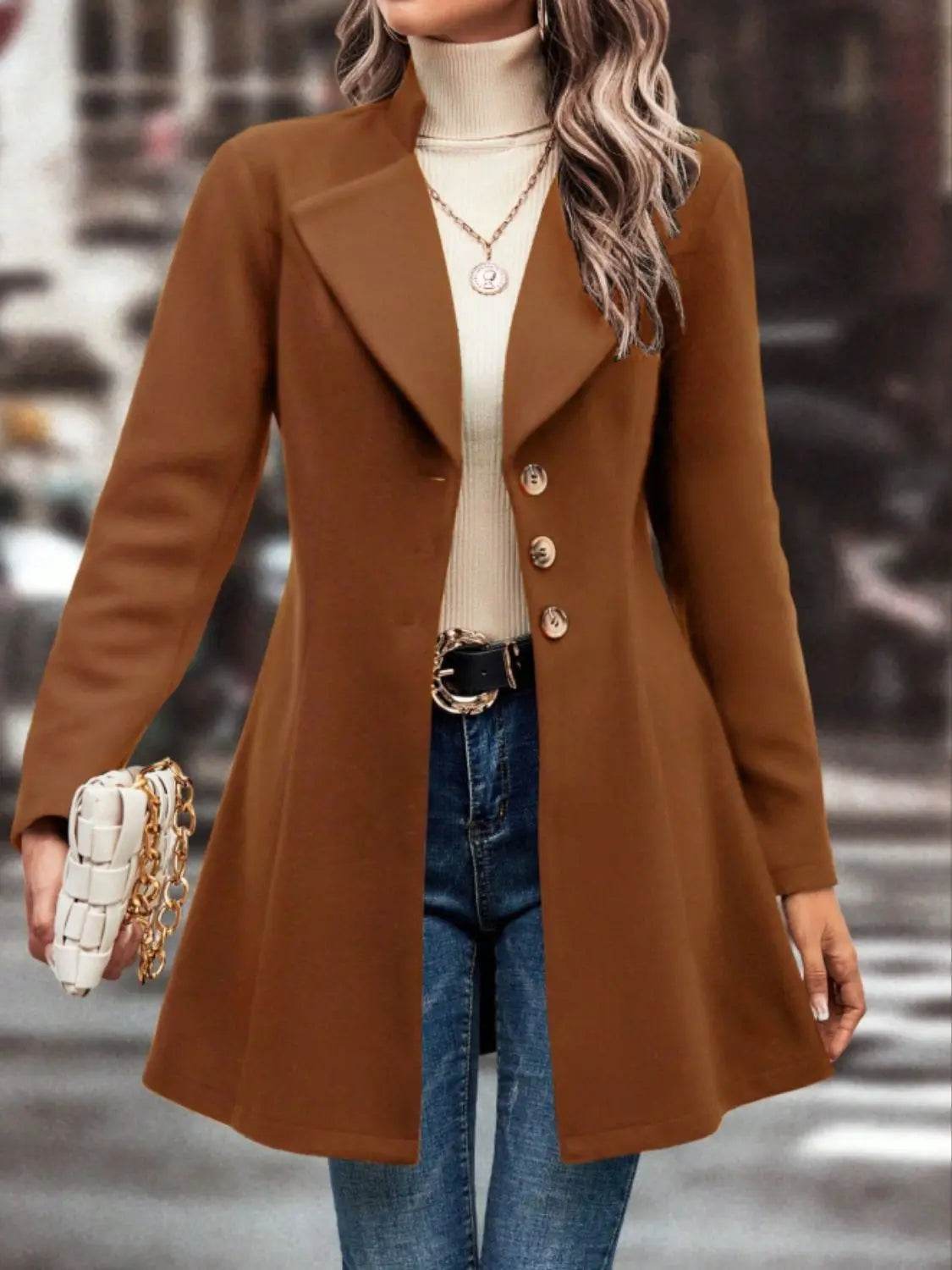 Collared Neck Button Up Long Sleeve Coat - Velveta Studio
