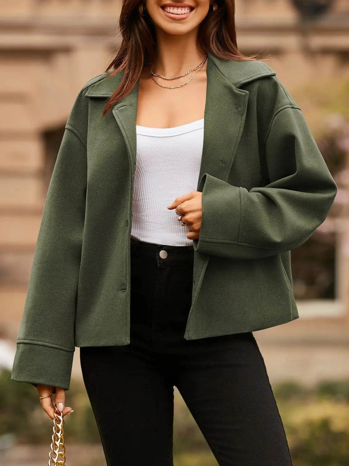 Collared Neck Dropped Shoulder Jacket - Velveta Studio