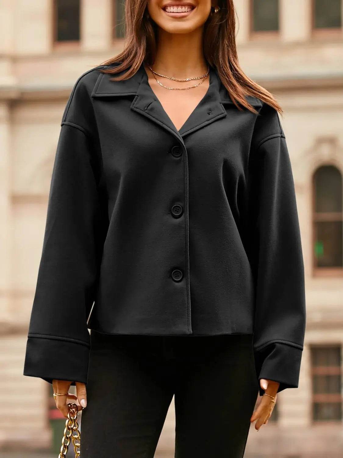 Collared Neck Dropped Shoulder Jacket - Velveta Studio