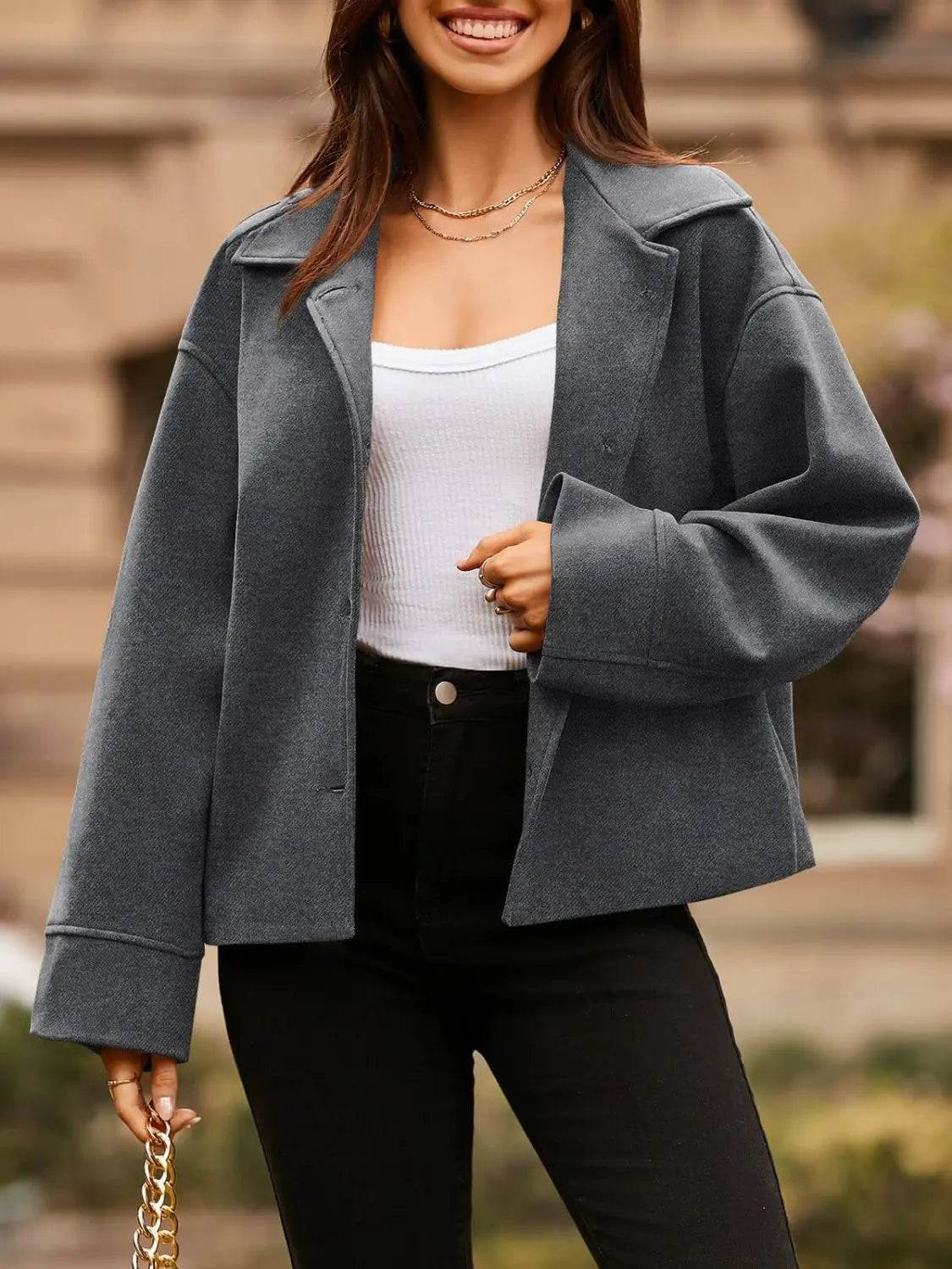 Collared Neck Dropped Shoulder Jacket - Velveta Studio
