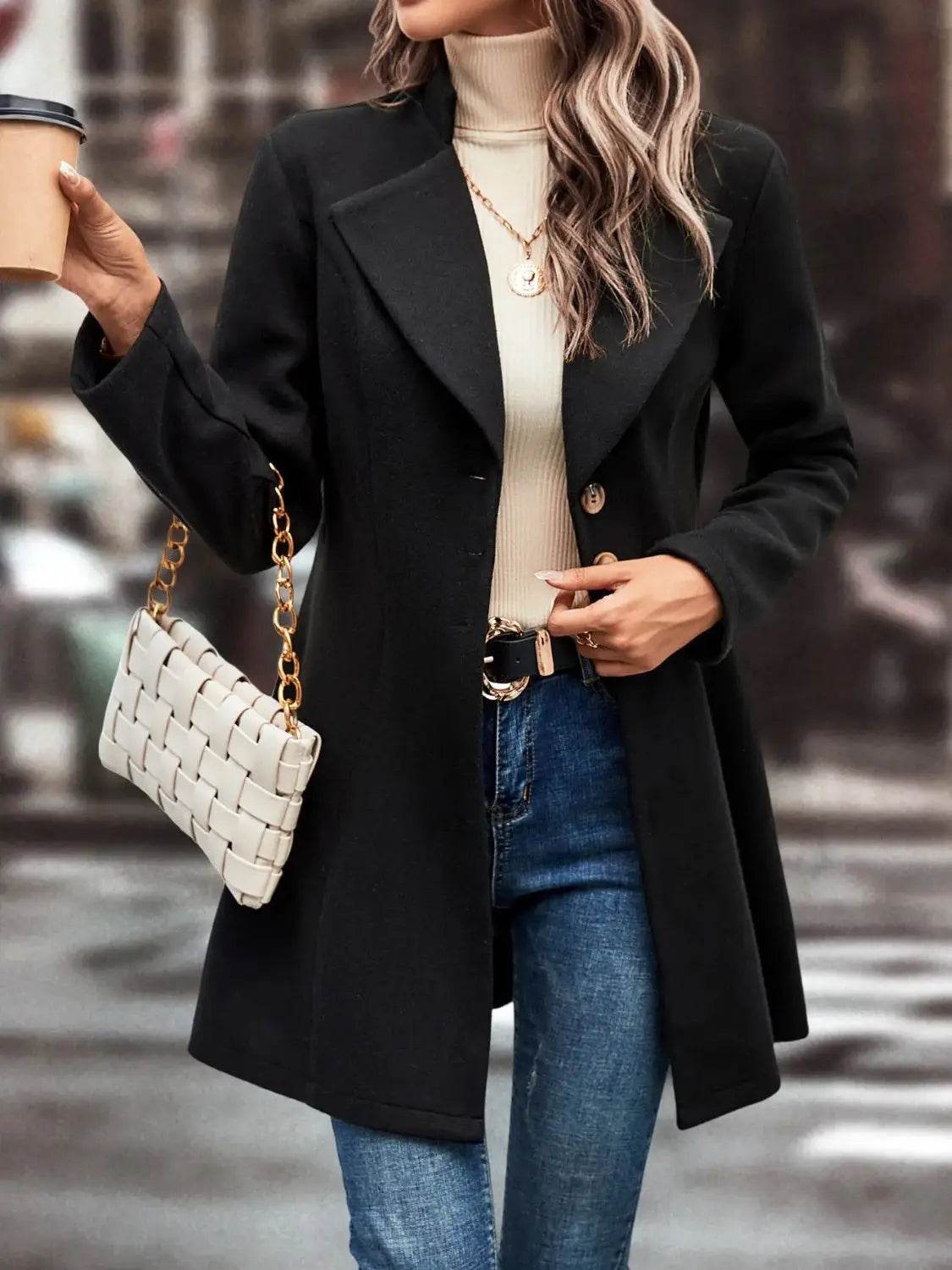 Collared Neck Long Sleeve Longline Coat - Velveta Studio