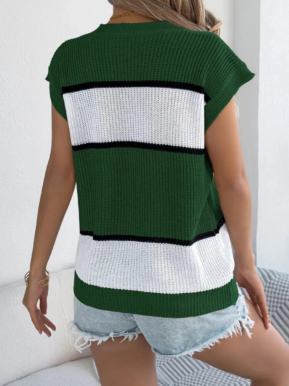 Color Block Round Neck Cap Sleeve Knit Top