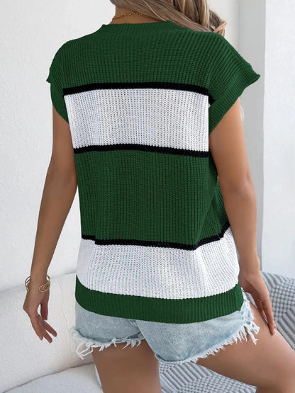 Color Block Round Neck Cap Sleeve Knit Top