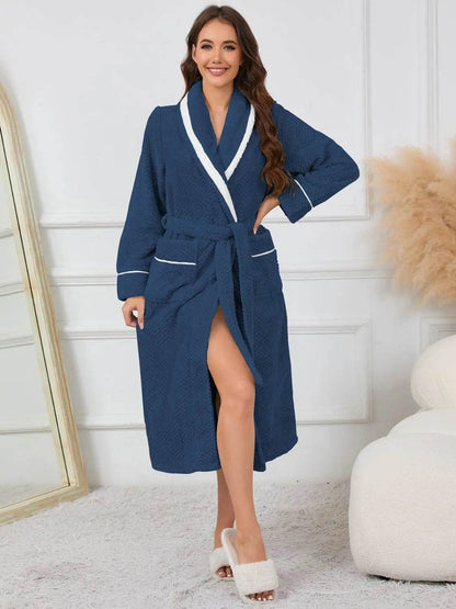 Contrast Trim Tie Waist Lounge Nightgown with Pockets - Velveta Studio