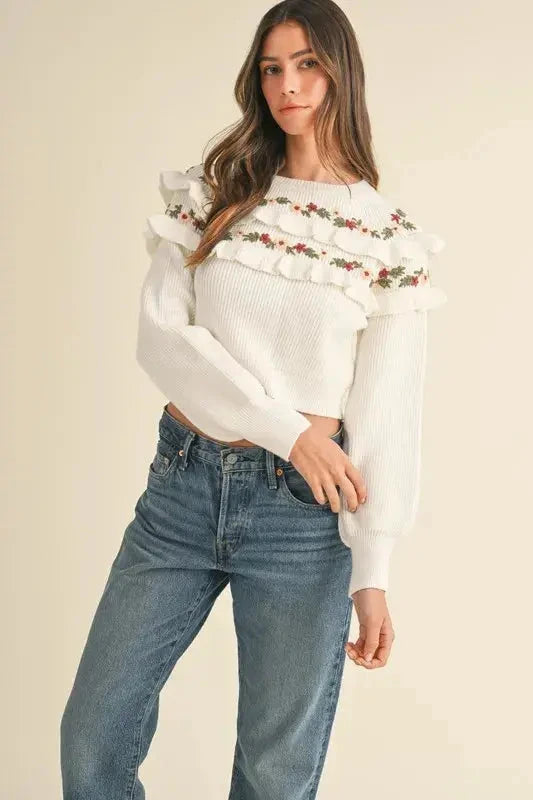 Floral Embroidered Ruffle Detail Sweater