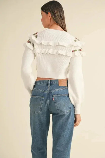 Floral Embroidered Ruffle Detail Sweater