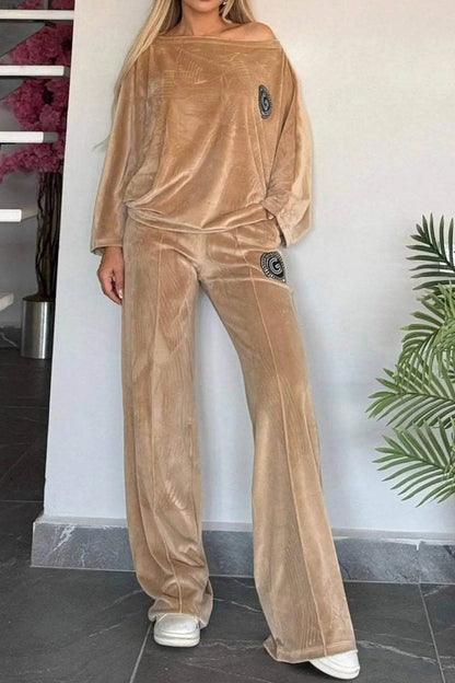 Full Size Boat Neck Long Sleeve Top and Pants Set - Velveta Studio