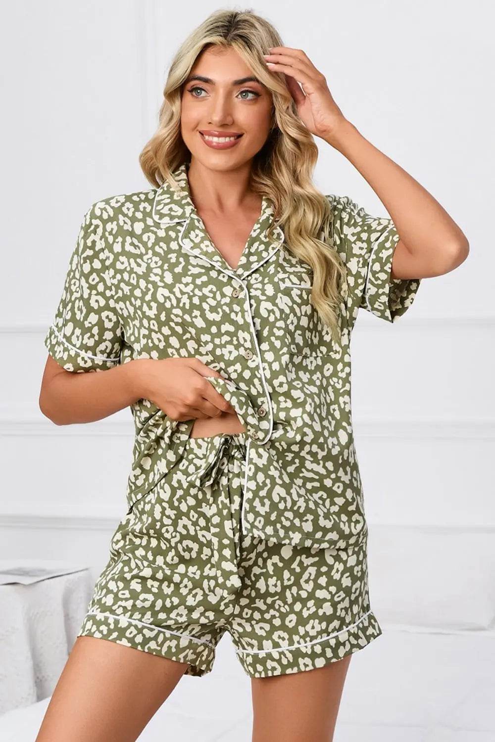 Full Size Leopard Short Sleeve Top and Shorts Lounge Set Plus Size - Velveta Studio