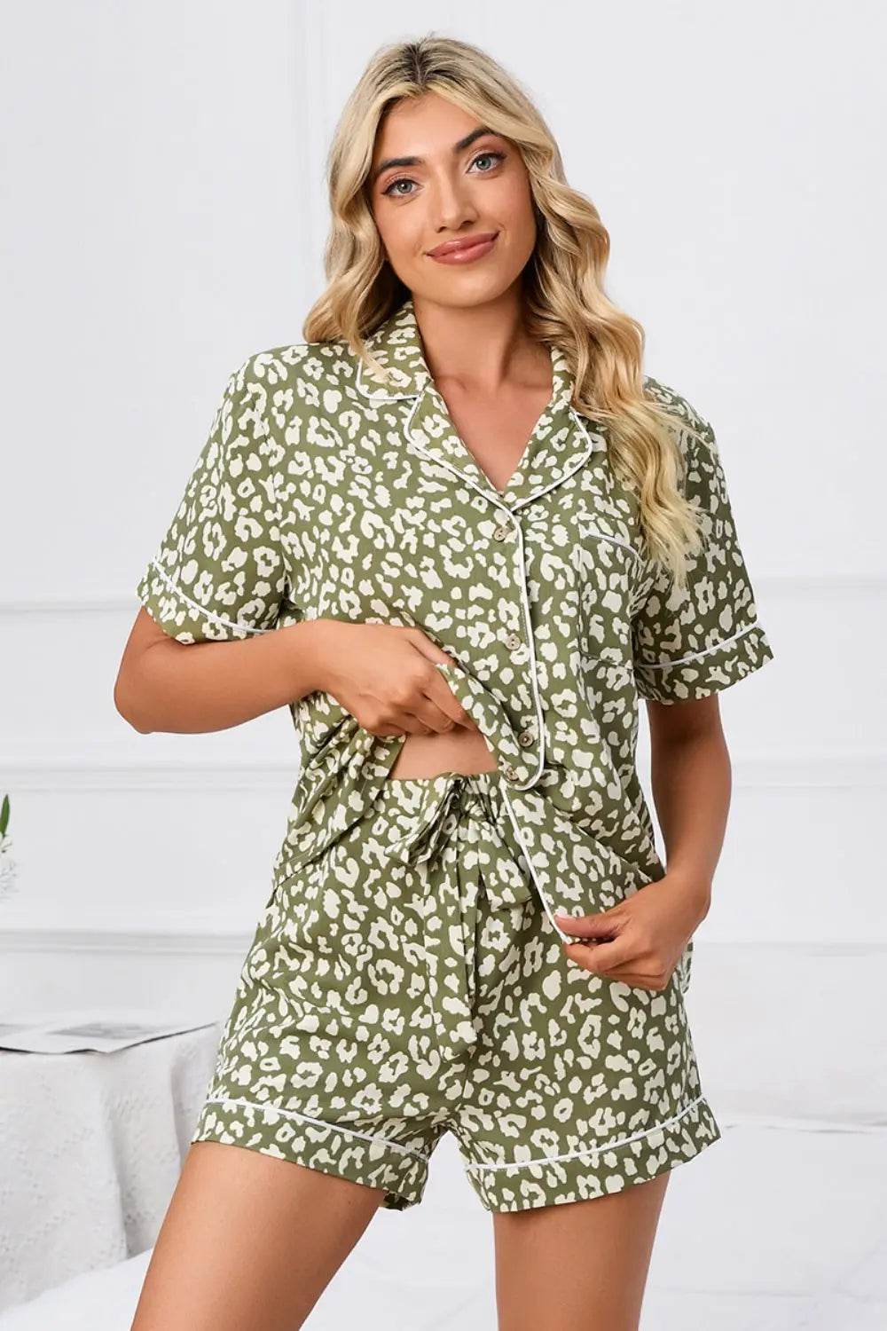 Full Size Leopard Short Sleeve Top and Shorts Lounge Set Plus Size - Velveta Studio