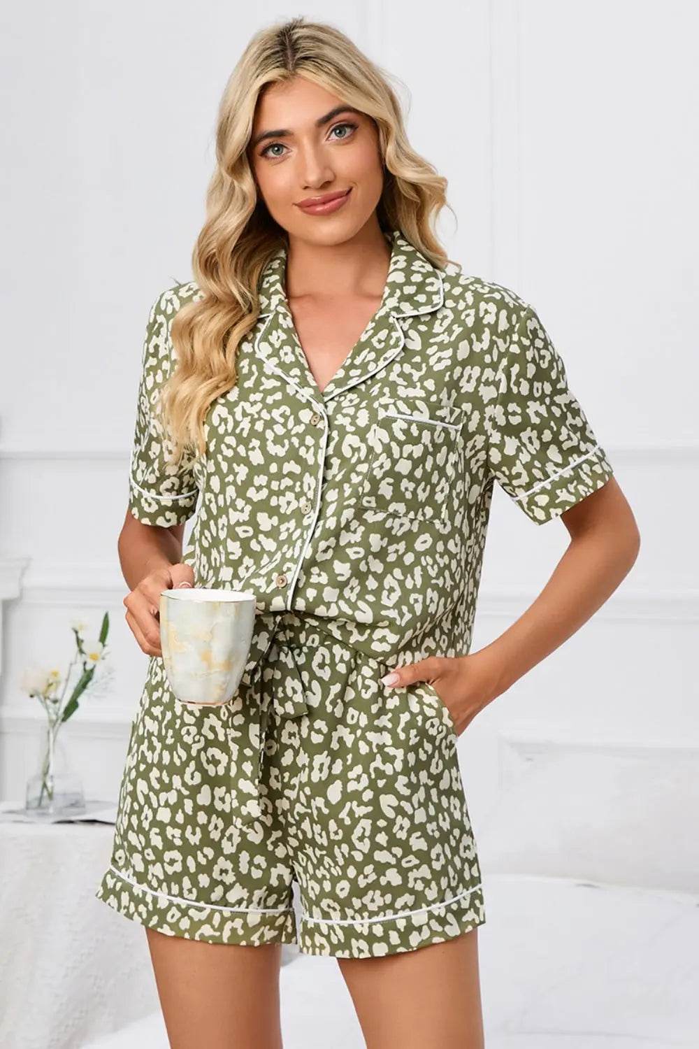 Full Size Leopard Short Sleeve Top and Shorts Lounge Set Plus Size - Velveta Studio