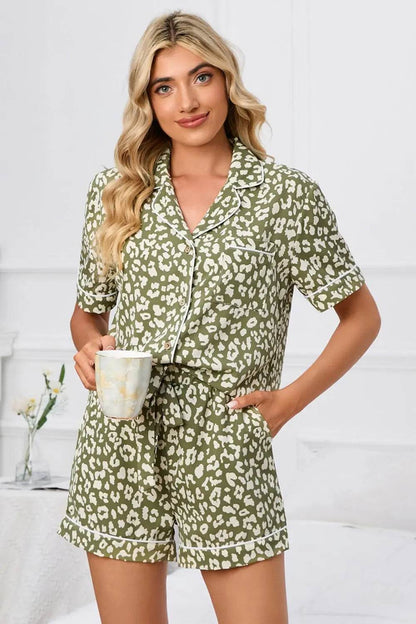 Full Size Leopard Short Sleeve Top and Shorts Lounge Set Plus Size - Velveta Studio