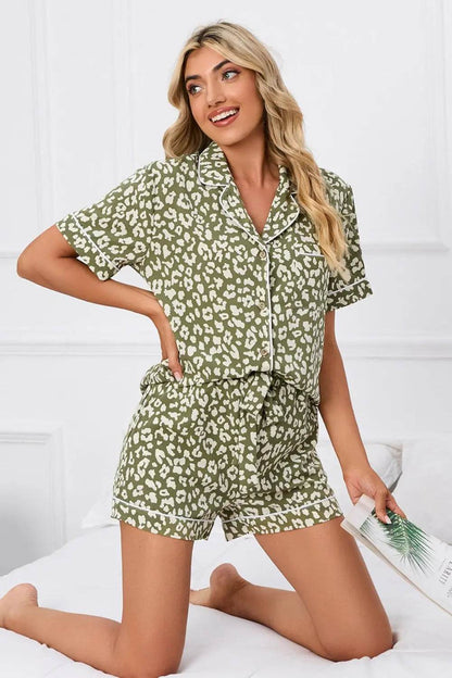 Full Size Leopard Short Sleeve Top and Shorts Lounge Set Plus Size - Velveta Studio
