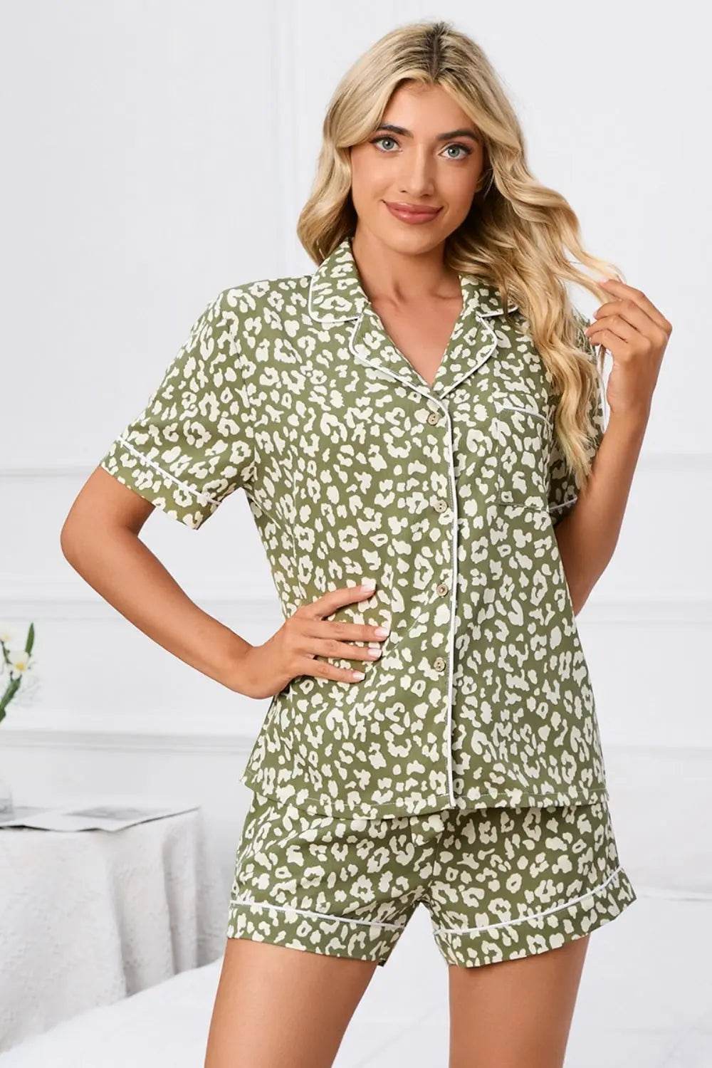 Full Size Leopard Short Sleeve Top and Shorts Lounge Set Plus Size - Velveta Studio