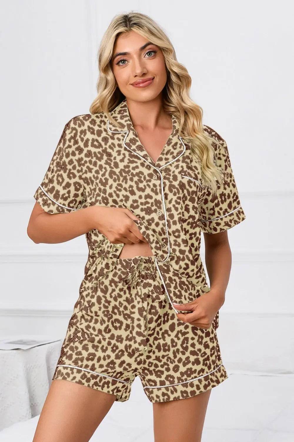 Full Size Leopard Short Sleeve Top and Shorts Lounge Set Plus Size - Velveta Studio