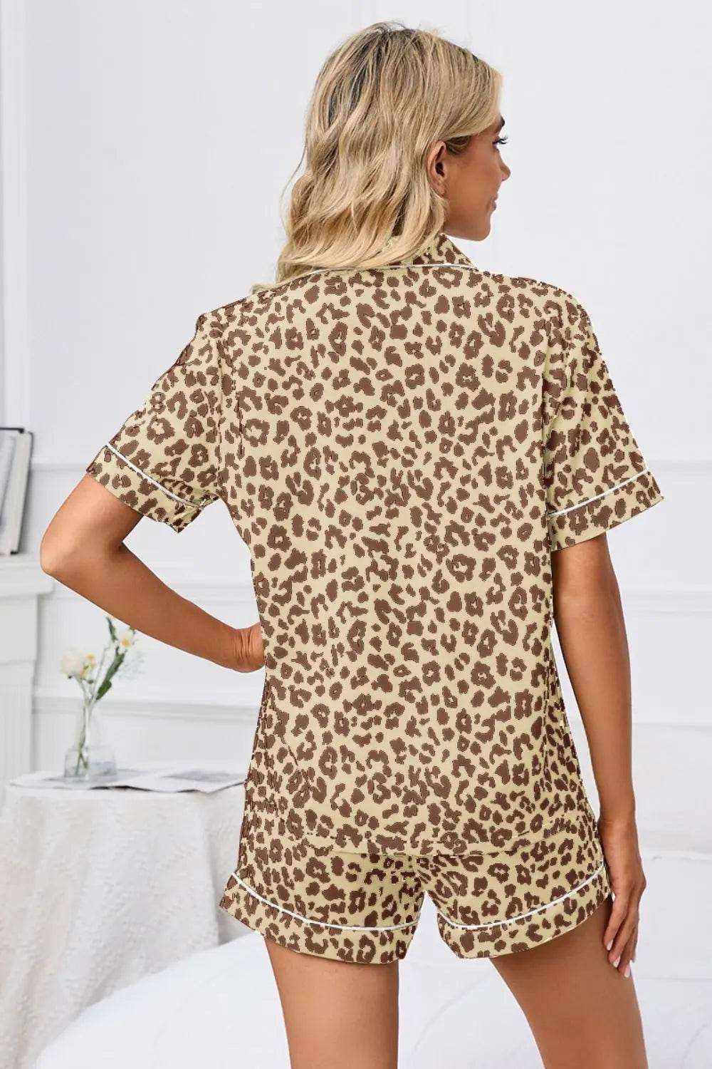 Full Size Leopard Short Sleeve Top and Shorts Lounge Set Plus Size - Velveta Studio