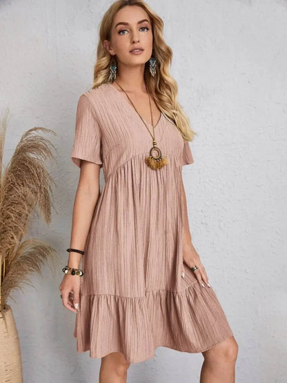 Full Size V-Neck Short Sleeve Dress - Velveta Studio