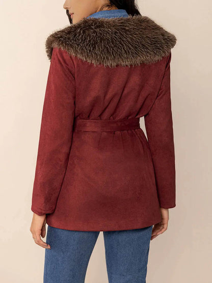 Fuzzy Collared Neck Tie Waist Jacket - Velveta Studio