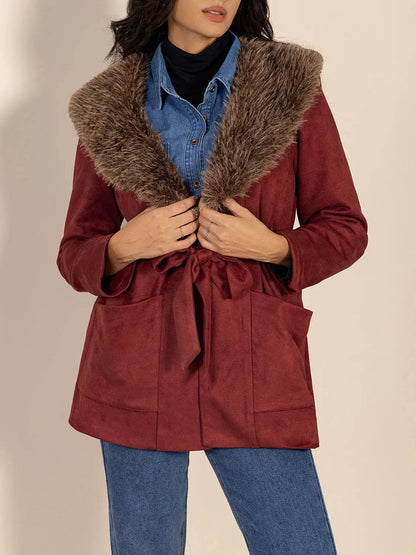 Fuzzy Collared Neck Tie Waist Jacket - Velveta Studio