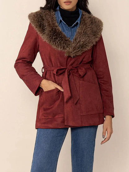 Fuzzy Collared Neck Tie Waist Jacket - Velveta Studio