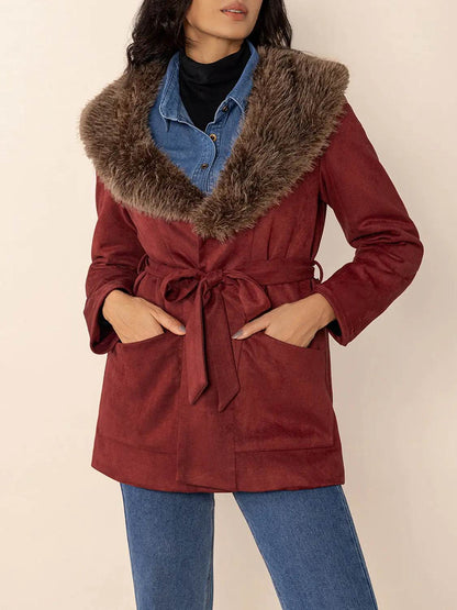 Fuzzy Collared Neck Tie Waist Jacket - Velveta Studio