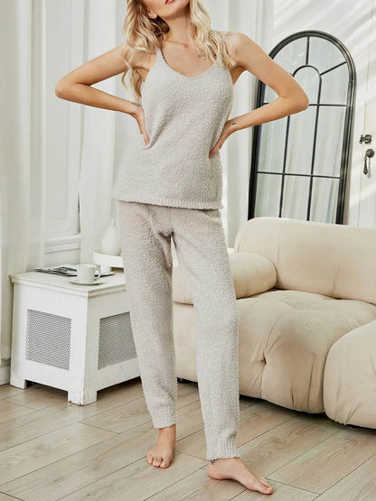 Fuzzy V-Neck Cami and Pants Lounge Set - Velveta Studio