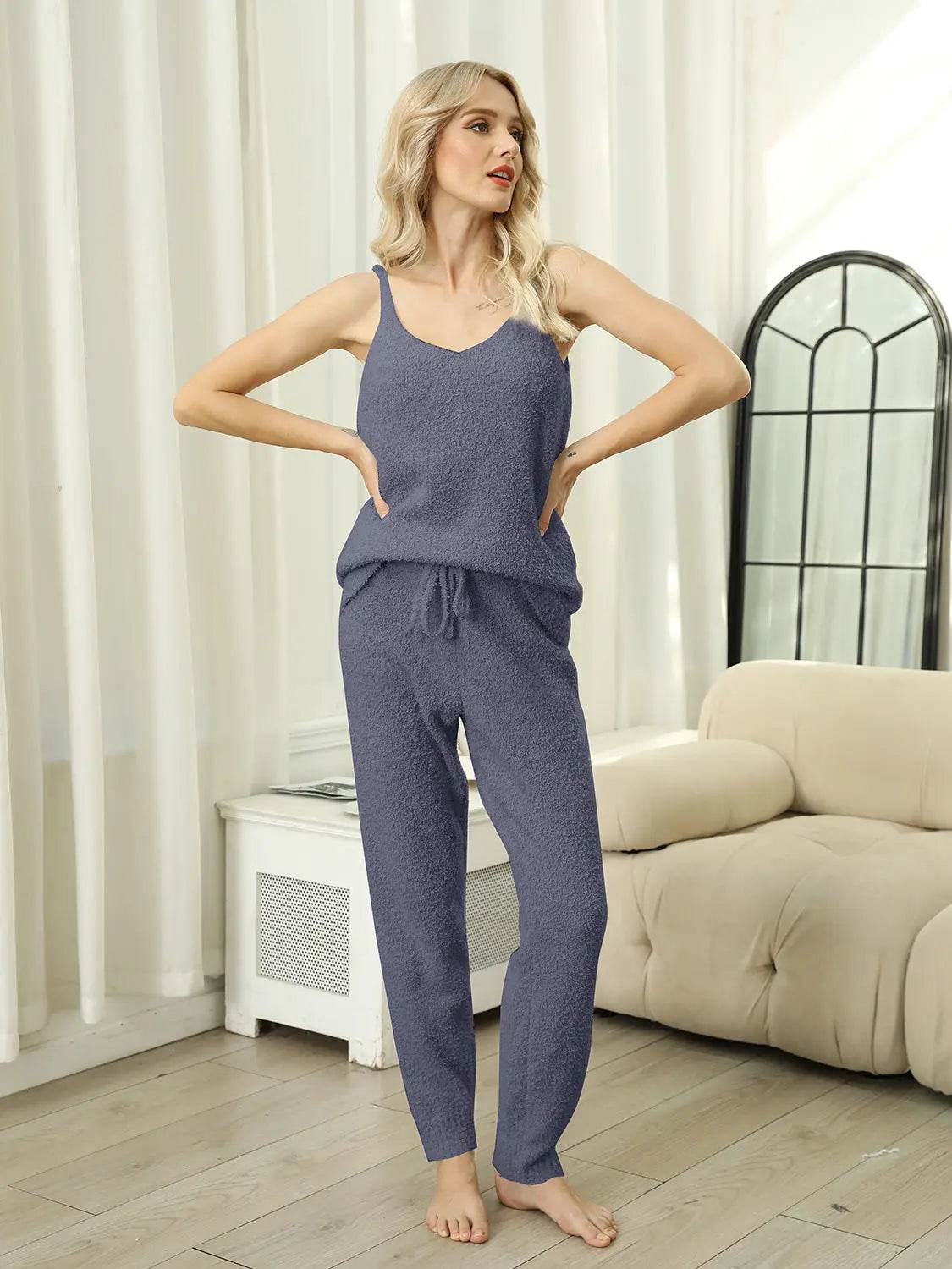 Fuzzy V-Neck Cami and Pants Lounge Set - Velveta Studio