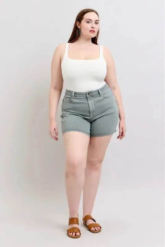 Full Size Hw Garment Dyed & Back Pkt Embroidery Shorts Plus Size - Velveta Studio