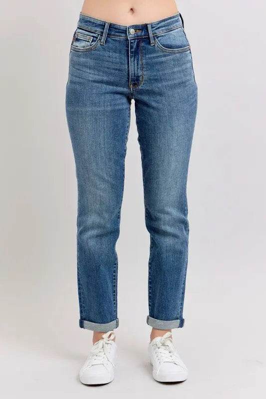 Judy Blue Full Size Mid Rise Skinny Cuff Jeans with Pockets Plus Size - Velveta Studio