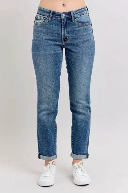 Judy Blue Full Size Mid Rise Skinny Cuff Jeans with Pockets Plus Size - Velveta Studio
