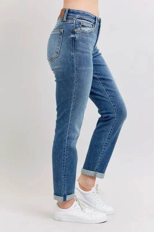 Judy Blue Full Size Mid Rise Skinny Cuff Jeans with Pockets Plus Size - Velveta Studio