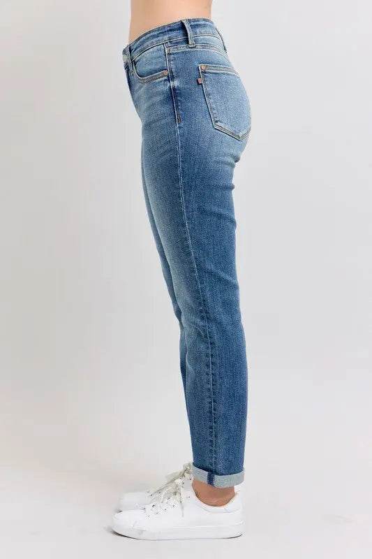Judy Blue Full Size Mid Rise Skinny Cuff Jeans with Pockets Plus Size - Velveta Studio