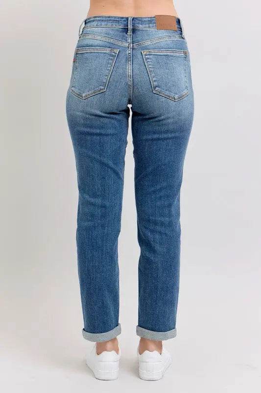 Judy Blue Full Size Mid Rise Skinny Cuff Jeans with Pockets Plus Size - Velveta Studio