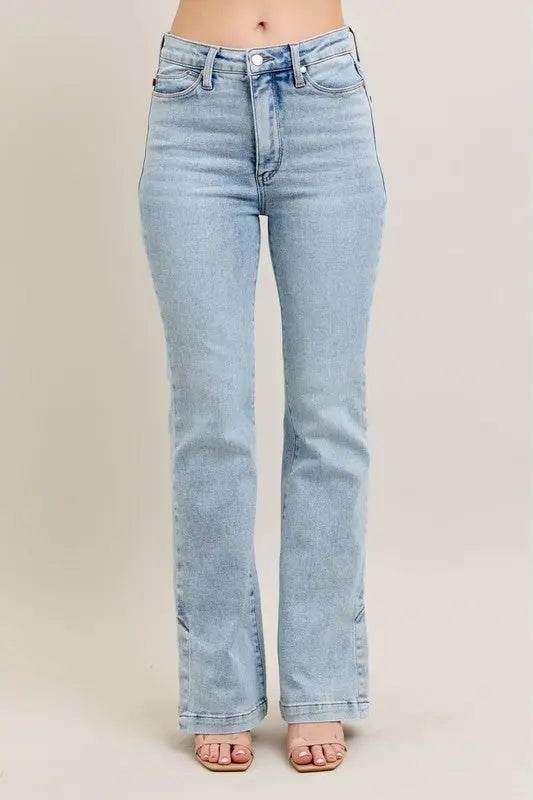 Judy Blue Full Size Tummy Control Vintage Wash Side Slit Slim Boot Jeans Plus Size - Velveta Studio