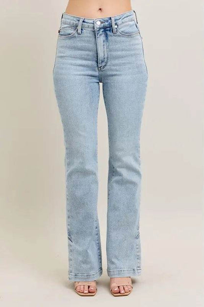 Full Size Tummy Control Vintage Wash Side Slit Slim Boot Jeans Plus Size - Velveta Studio