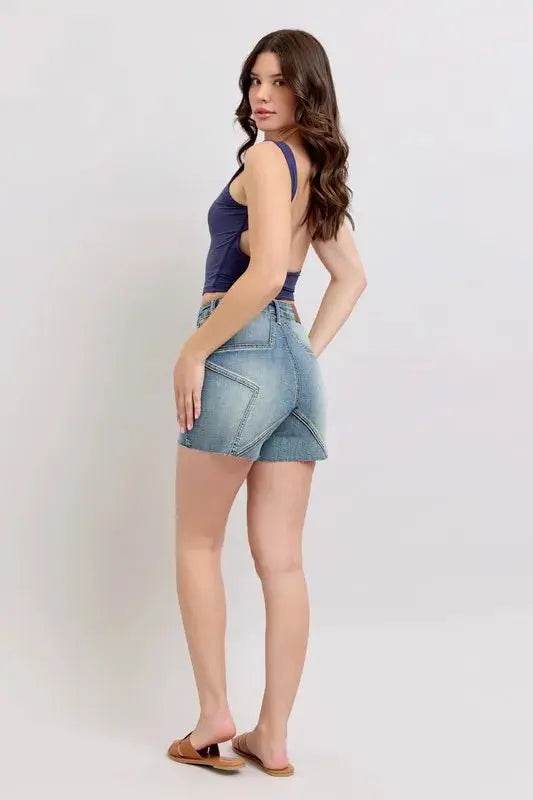 High Waist Star Seam Detail Denim Shorts - Velveta Studio