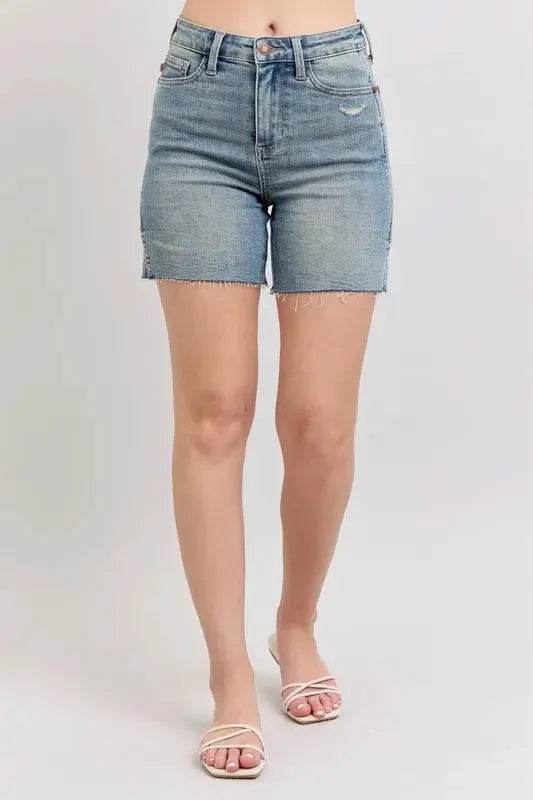 High Waist Vintage Wash Side Slit Denim Shorts - Velveta Studio