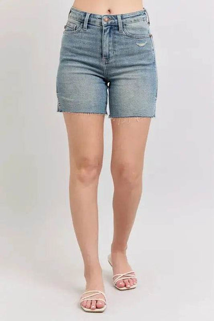 High Waist Vintage Wash Side Slit Denim Shorts - Velveta Studio