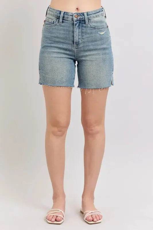 High Waist Vintage Wash Side Slit Denim Shorts - Velveta Studio