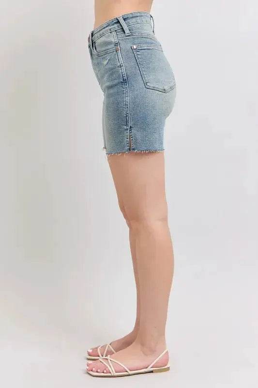High Waist Vintage Wash Side Slit Denim Shorts - Velveta Studio
