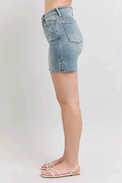 High Waist Vintage Wash Side Slit Denim Shorts - Velveta Studio