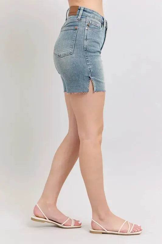High Waist Vintage Wash Side Slit Denim Shorts - Velveta Studio