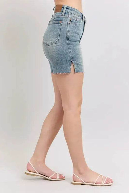 High Waist Vintage Wash Side Slit Denim Shorts - Velveta Studio
