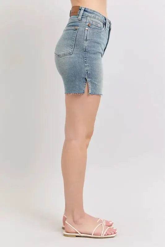 High Waist Vintage Wash Side Slit Denim Shorts - Velveta Studio