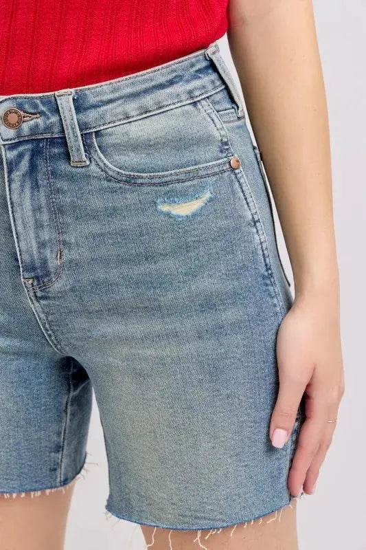 High Waist Vintage Wash Side Slit Denim Shorts - Velveta Studio
