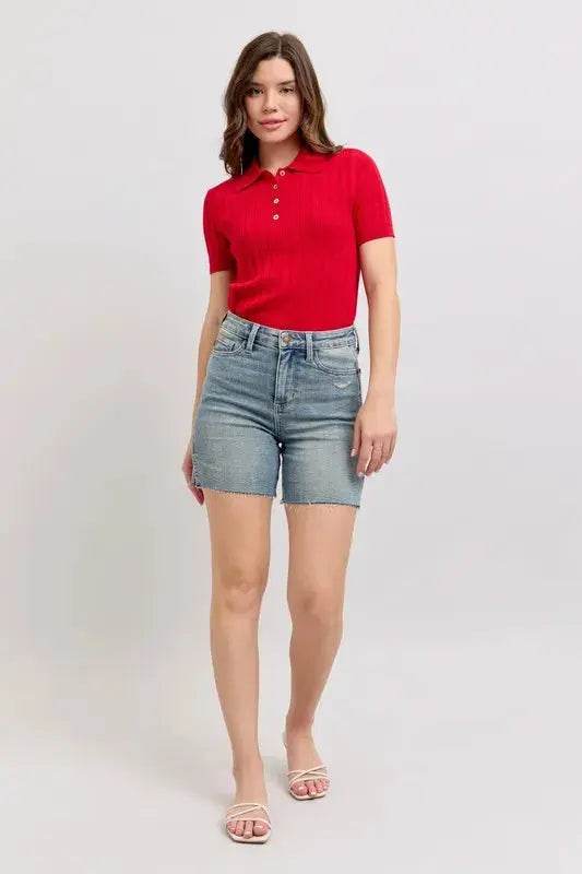 High Waist Vintage Wash Side Slit Denim Shorts - Velveta Studio