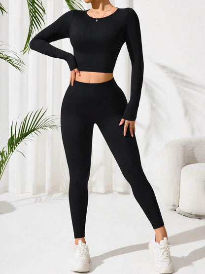 Lace-Up Back Round Neck Top and Leggings Active Set - Velveta Studio